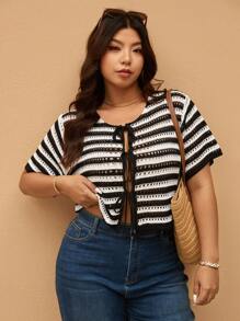 Elaquor Plus Size Women Open Front Knit Sweater, Hollow Out Stylish Plus Size Cardigan