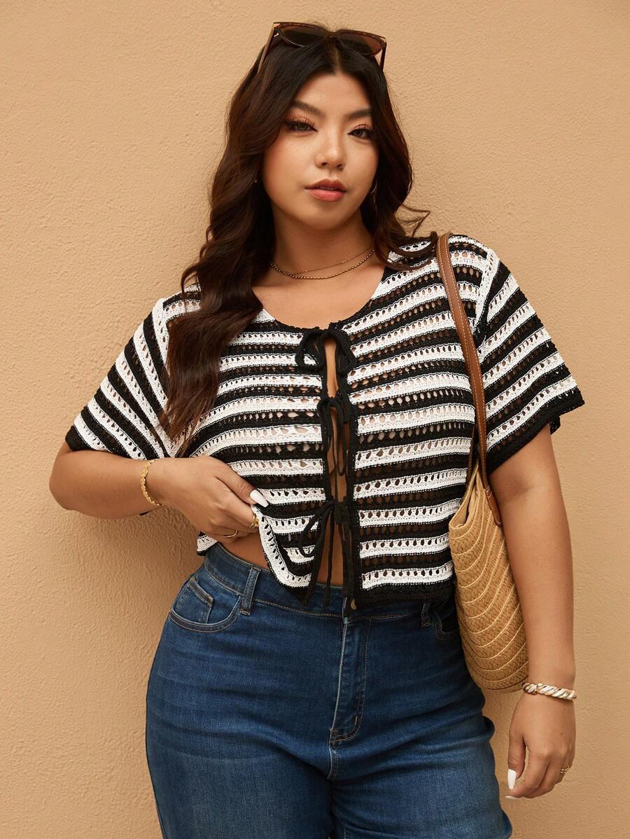 Elaquor Plus Size Women Open Front Knit Sweater, Hollow Out Stylish Plus Size Cardigan