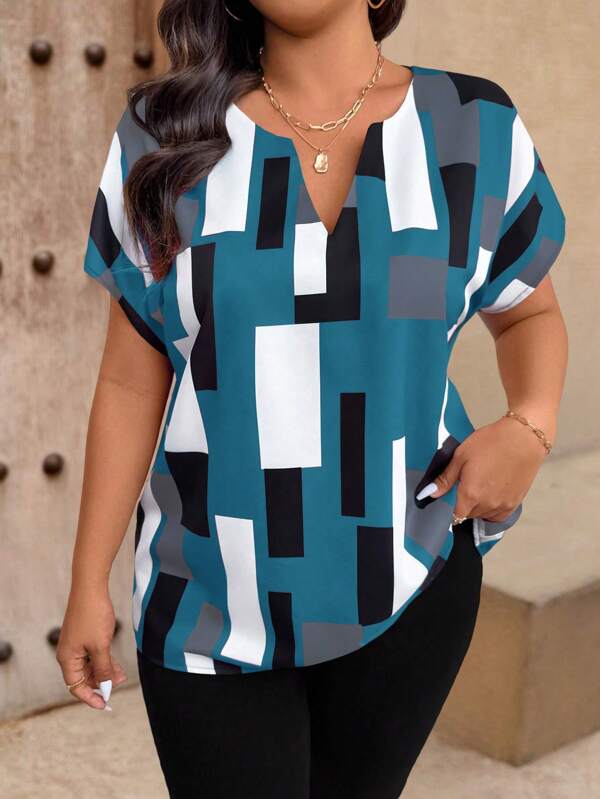 SHEIN LUNE Plus Size Women's Summer Casual Geometric Print Spread Collar Shirt, Short Sleeve Blouse