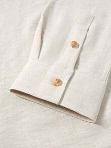 Manfinity Mode Kemeja Pria Lengan Panjang Kasual Campuran Linen, Warna Beige, Potongan Longgar, Kemeja Formal Polos untuk Musim Panas dengan Saku Dada, Sempurna untuk Kencan, Hadiah Hari Ayah, Musim Gugur - Khaki - View 7