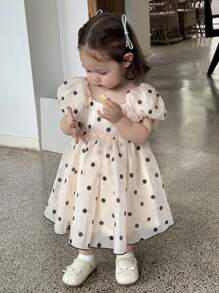 Hapijoa Toddler Girls' Cute Puff Sleeve Polka Dot Mid-Length Party Dress