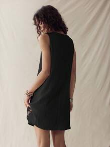 EMERY ROSE Váy vest không tay vải lanh họa tiết quả mơ cho kỳ nghỉ bãi biển mùa hè dành cho nữ - màu đen - Xem 3