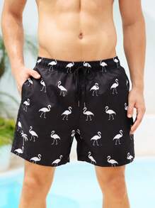 Surfspeed Men's Drawstring Waist Flamingo Print Pocket Beach Shorts, Hawaiian - Black - View 6