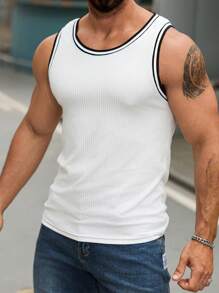 Manfinity Homme Men's Striped Crew Neck Casual Versatile Tank Top - White - View 7