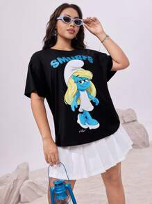 The Smurfs X SHEIN 大码女式休闲宽松卡通图案可爱夏季音乐节黑色T恤 - 黑色 - 查看 6