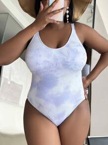 Slaydiva Plus Size Tie Dye Printed Round Neck Ribbed One-Piece Swimsuit,Summer,Bathing Suits,One Piece Bathing Suit - Mauve Purple - View 5