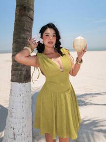 Sunnyshic Plus Size Women Deep V-Neck Sleeveless Green Textured Knit Dress - Green - View 5