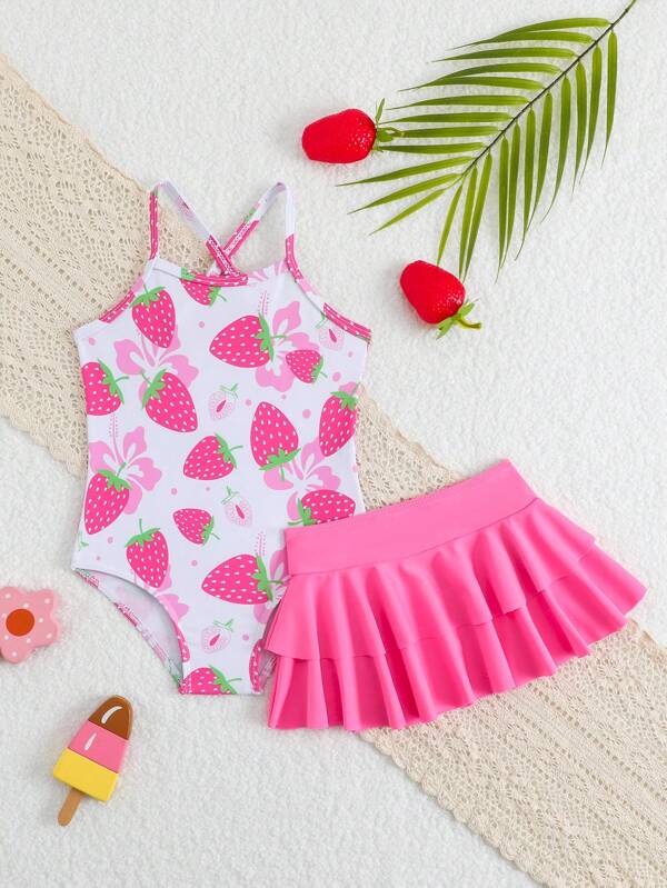 Conjunto de traje de baño de una pieza para niñas, con diseño de estampado de fresa lindo y falda