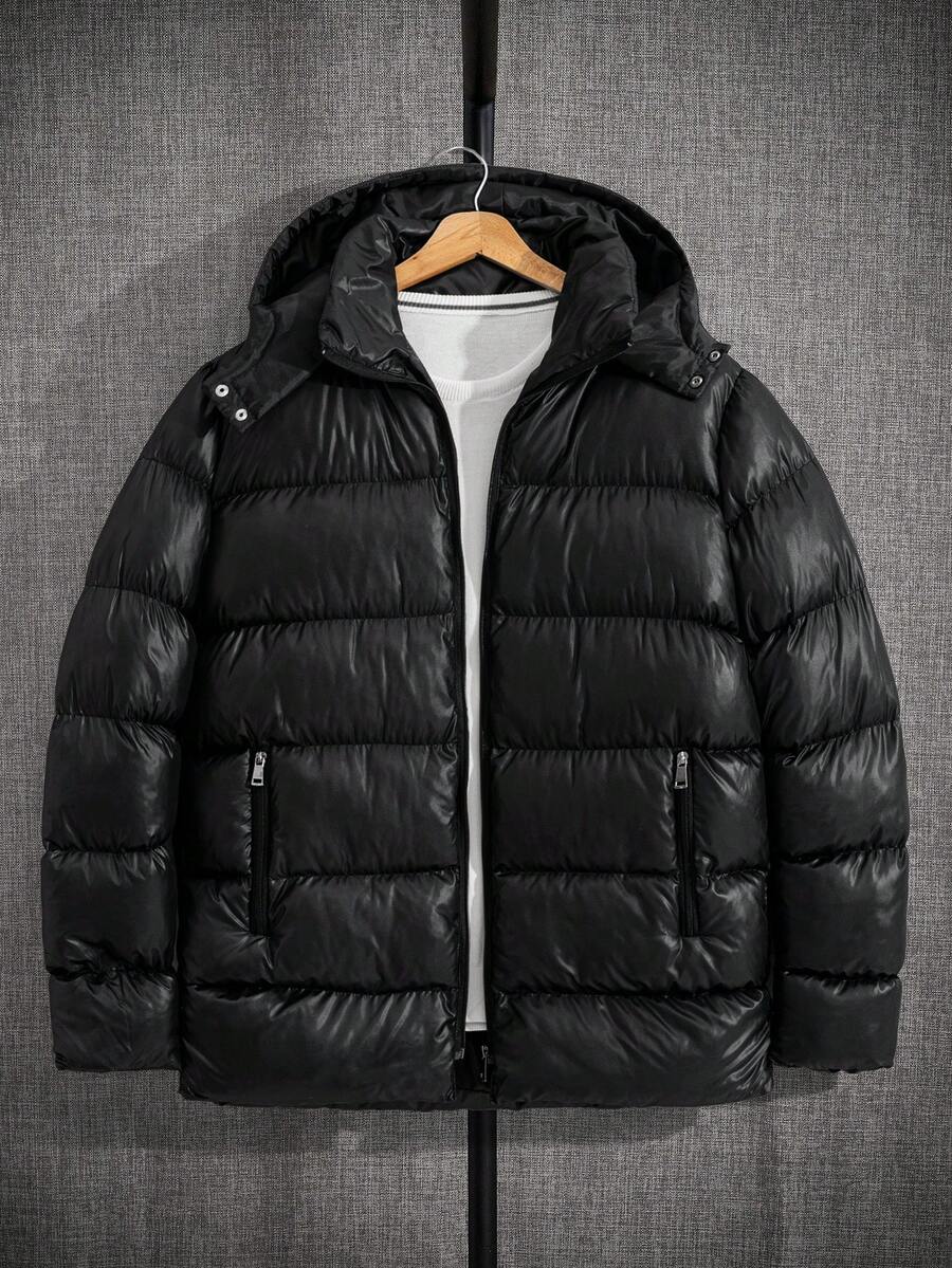 EURMUSE Manteau d'hiver pour hommes en tissu brillant de haute qualité, à capuche et coupe ajustée - Noir - Voir 1