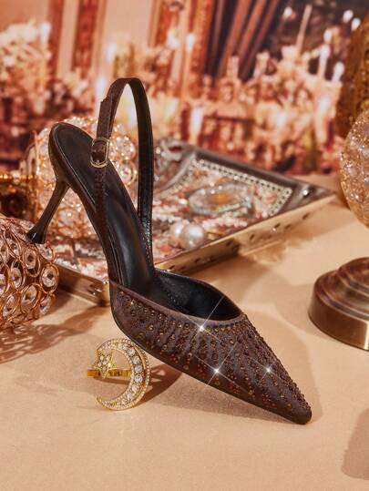 CUCCOO TILAWA Pointed Toe Rhinestone Embellished Stiletto High Heel Pumps, Elegant Sexy Party Coffee Shoes For Women For Christmas