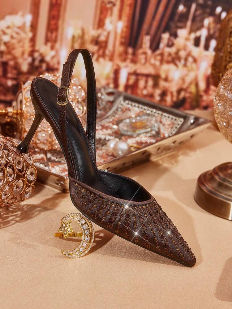 CUCCOO TILAWA Pointed Toe Rhinestone Embellished Stiletto High Heel Pumps, Elegant Sexy Party Coffee Shoes For Women For Christmas