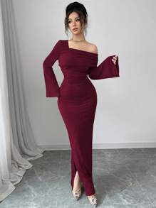 Modelyn 女式斜领褶裥提花长袖连衣裙 - 酒紅色 - 查看 7