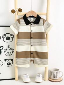 SHEIN Pelele de manga corta con rayas tejido adorable para bebé recién nacido niño, adecuado para fiesta de cumpleaños, fiesta de noche, actuación, boda, celebración del mes, bautizo y baby shower del primer cumpleaños, verano