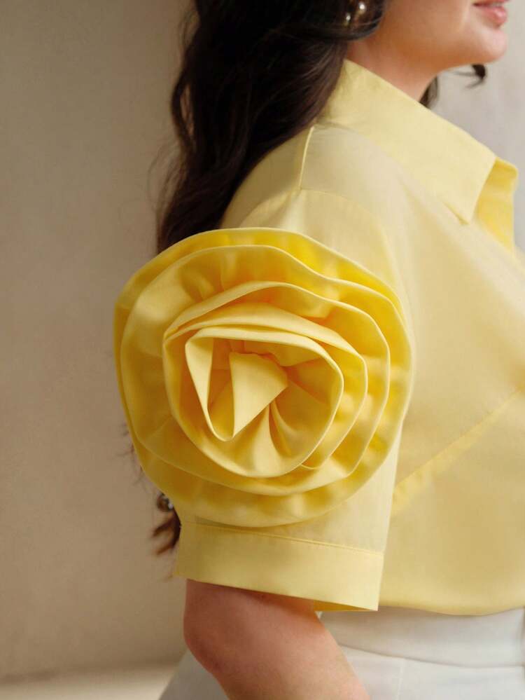 Plus Size Women 3D Rose Decor Elegant Short Sleeve Blouse