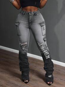 SHEIN Tall Quần Jeans Denim Co Giãn Túi Hộp Cỡ Lớn Đã Giặt - Xám - Xem 4