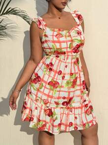 SHEIN EZwear Plus Size Strawberry Plaid Summer Vacation Casual Dress Women Short Dresses Summer Women Summer Clothing - White - View 4