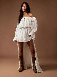 MISSGUIDED Bohemian Off Shoulder High Low Maxi Dress With Ruffle Details Long Sleeve Drawstring Waist Flowing Wedding Guest Party Summer Fall Ball Gown - White - View 5