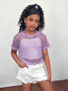 SHEIN Áo thun thể thao tay ngắn cổ tròn lưới đan thời trang dạo phố cho bé gái tuổi teen - Màu tím hoa cà - Xem 3