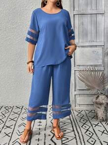 EMERY ROSE 大码女式两件套度假套装，圆领短袖网眼拼接衬衫和宽松阔腿裤