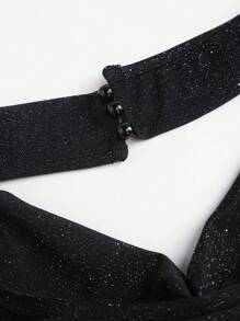 SHEIN PETITE Women Glittery Metallic Knit Halter Neck Cropped Cami Top, Sexy Fitted Bodycon Top For Going Out - Black - View 4