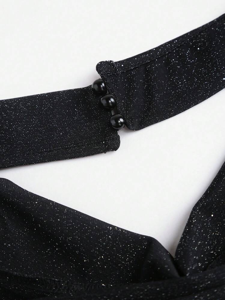 Sweetra Petite Women Glittery Metallic Knit Halter Neck Cropped Cami Top, Sexy Fitted Bodycon Top For Going Out - Black - View 4