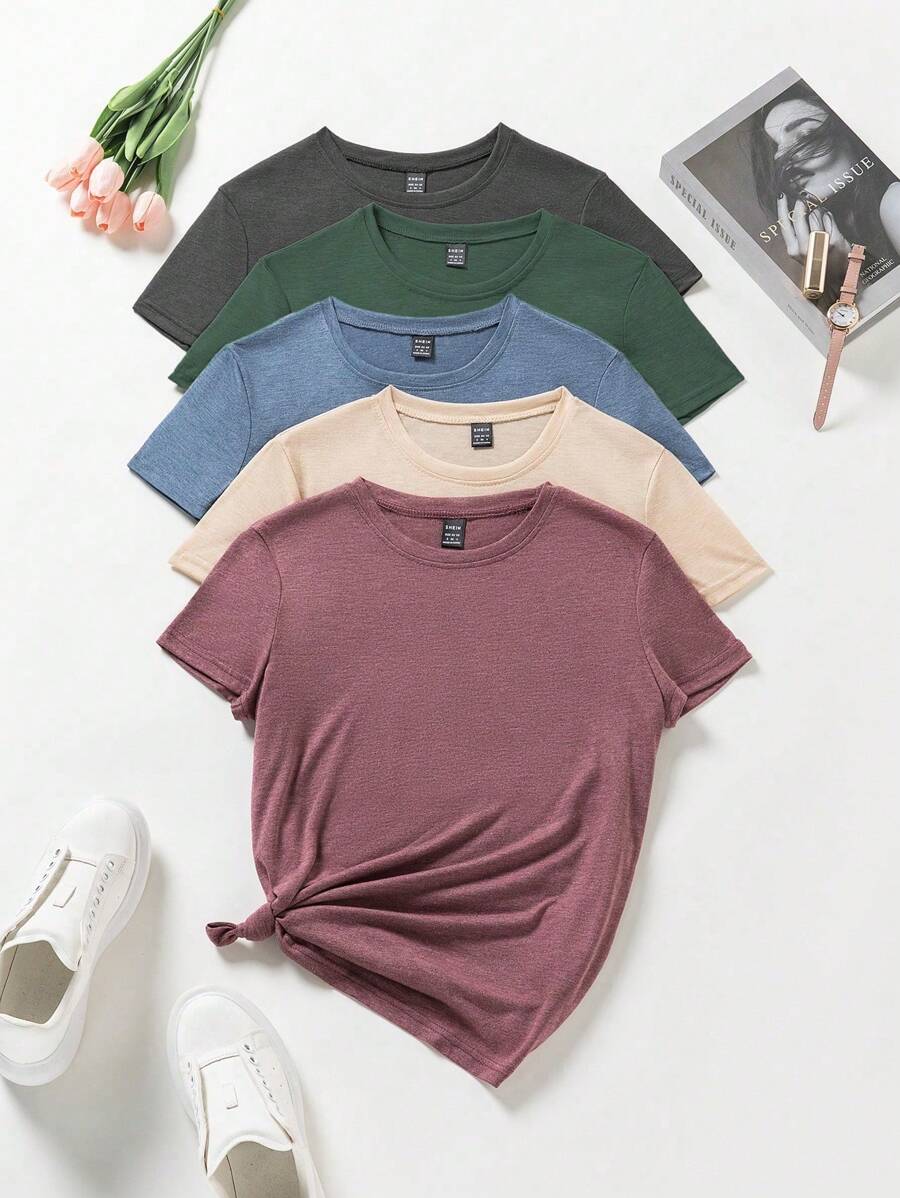 INAWLY Set de 5 camisetas de mujer de manga corta, cuello redondo, unicolor, casual de verano