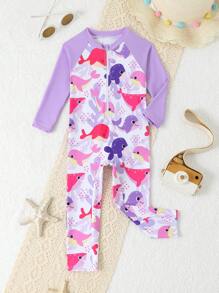 Sparklyn 女婴沙滩装，女婴服装，传统阿拉伯服饰，中东风格长袖衬衫长裤套装，可爱女婴鲸鱼印花长袖长裤连体泳衣，紫色连体泳衣，女婴沙滩度假长袖长裤泳衣 - 紫色 - 查看 6