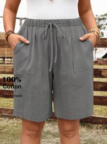 EMERY ROSE Pantalones cortos sueltos de mujer talla grande de verano, unicolor básico, con cintura con cordón y bolsillos laterales - Gris - Ver 1