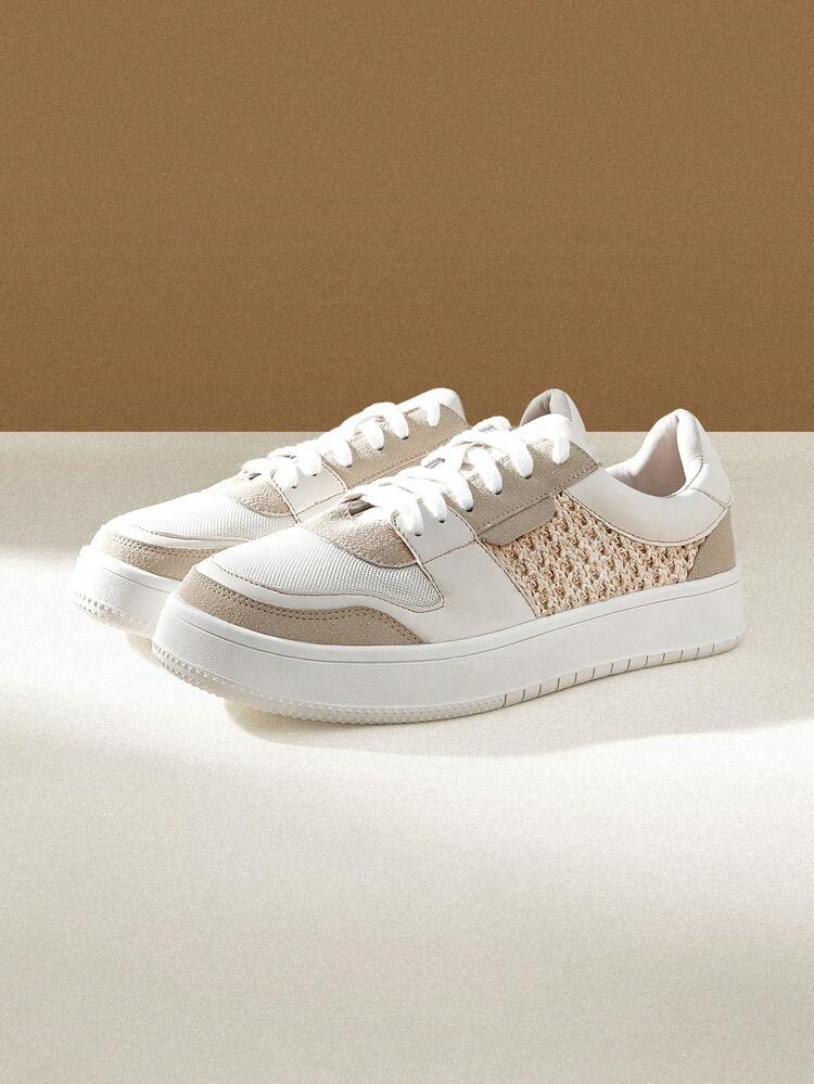 CUCCOO EASI Women's Shoes Patchwork Design Round Toe Thick Sole Casual Sneakers, Fashionable Minimalist Everyday Casual Khaki PU Leather Platform Shoes