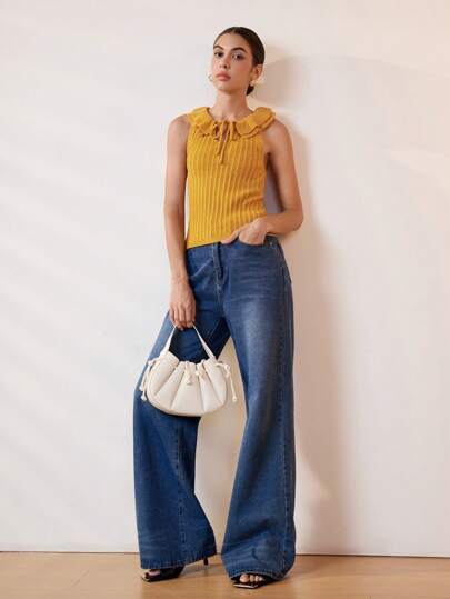 Chiquease Women's Summer Tie Strap Hollow Design Solid Color Sleeveless Tank Top, Elegant & Slimming Knit Blouse Woman S Summer Clothes