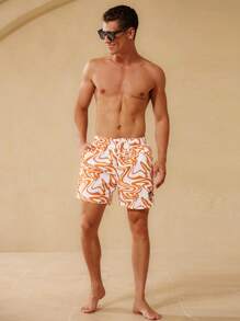 Surfspeed Men's All-Over Print Pocket Drawstring Waist Beach Shorts, Suitable For Summer, Hawaiian - Camel - View 3