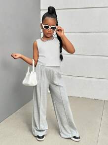 Tween Girl  Street Style Knit Solid Color Loose Straight Casual Pants - Light Grey - View 4