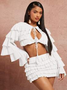 SHEIN SXY Spring And Summer Dating Valentine's Day Wedding Elegant Vacation Outfits Birthday Outfits For Woman Apricot Texture Layered Flounce And Tassel Lace Trim Long Sleeve Cardigan Cut-Out Top And Low Waist Line Layered Flounce Trim Mini Skirt Two Pieces Set