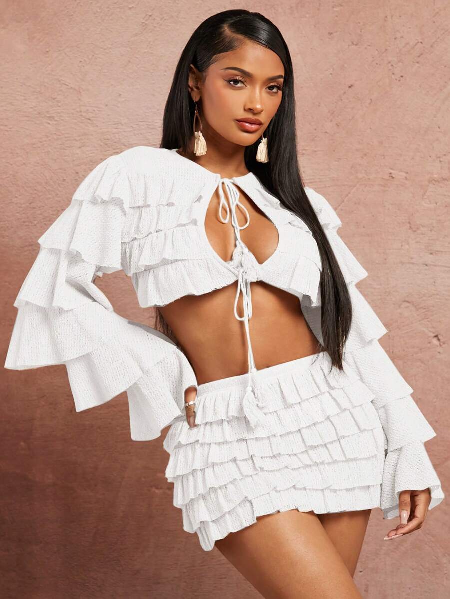 SHEIN SXY Spring And Summer Dating Valentine's Day Wedding Elegant Vacation Outfits Birthday Outfits For Woman Apricot Texture Layered Flounce And Tassel Lace Trim Long Sleeve Cardigan Cut-Out Top And Low Waist Line Layered Flounce Trim Mini Skirt Two Pieces Set