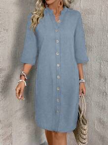 SHEIN LUNE Women's Casual Solid Color Front Button Dress, For Vacation