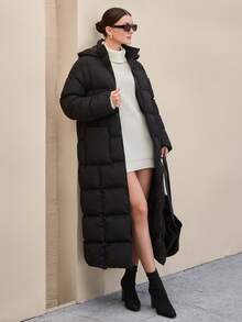 EURMUSE Women Hooded Extra Long Pocket And Zipper Detailed Black Winter Padded Coat Insulated Coat - Black - View 6