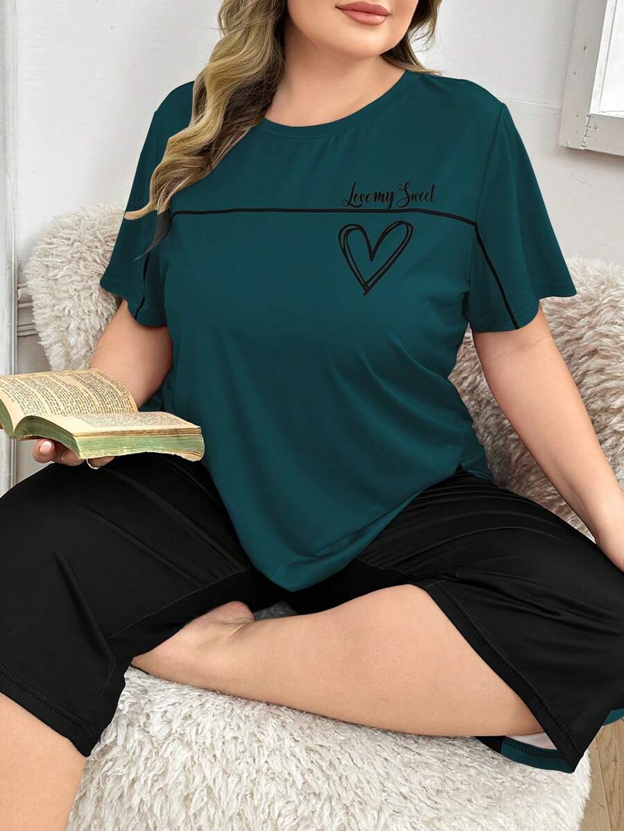 Conjunto de pijama de talla grande con bloque de color, estampado de letras y corazones, de manga corta y pantalones, conjunto de ropa - Multicolor - Ver 1