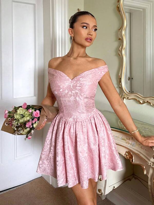 Glamine Glamine Women's Off Shoulder Sexy Princess Style A-Line Mini Dress, Jacquard Fabric Pink Resort Dress Sexy Elegant, Simple And Charming Off-Shoulder Tube Top Pink Three-Dimensional Texture Jacquard Early Spring New Waist Mini Dress, Suitable For Valentine's Day, Vacation, Daily Dating, Attending Parties And Weddings Bridgerton Tea Party Dress Tea Length Dress Garden Party Dress Cherry Blossom Dress Pink Strapless Dress