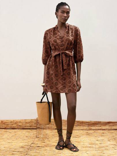 Maija Brown Lantern Sleeves Hollow Embroidered Belt Decor Summer Vacation Bohemian Style Women Short Dress, For Holidays, Beaches, Casual Parties, Birthdays, Hawaiian Style