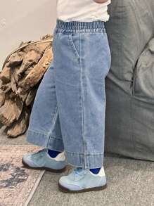 Hapijoa 女婴休闲侧开衩宽松直筒水洗牛仔裤，幼儿秋装 - 藍色 - 查看 1