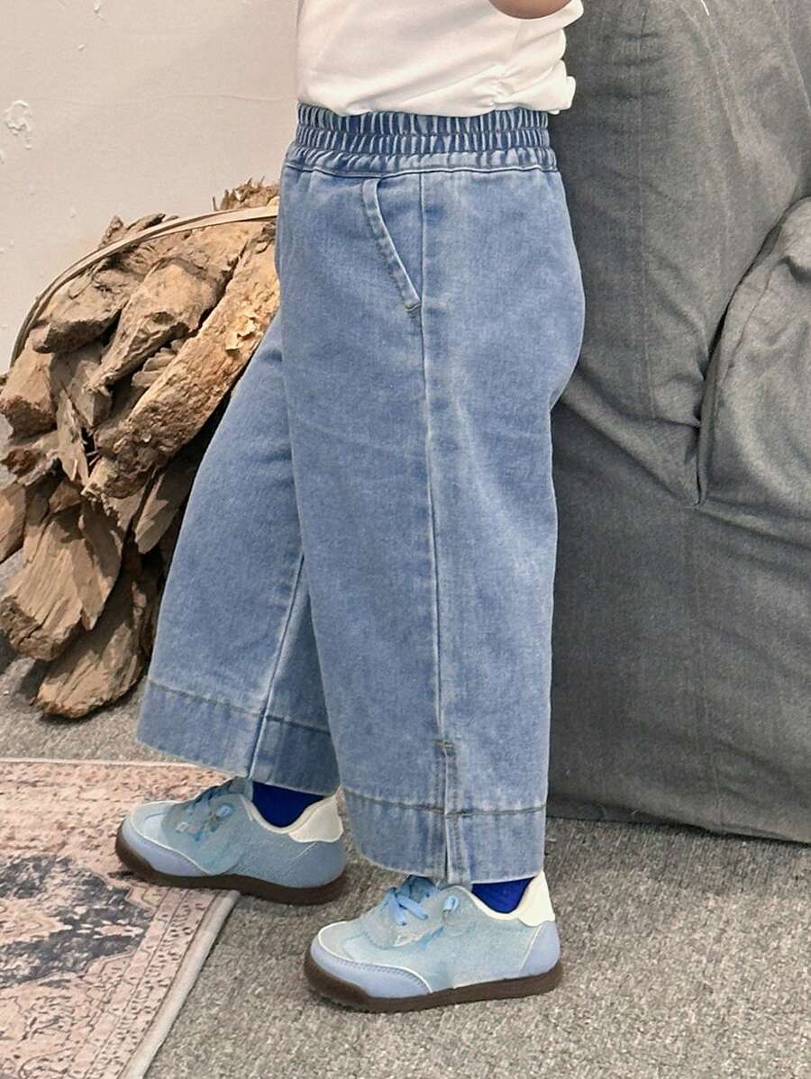 Hapijoa 女婴休闲侧开衩宽松直筒水洗牛仔裤，幼儿秋装 - 藍色 - 查看 1