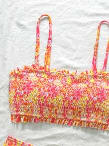 Swim Mod Women's Random Floral Print Spaghetti Strap Ruffle Trim High Cut Sexy Bikini Set, Summer - Multicolor - View 5