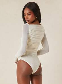 NYA SZN Body de manga larga de malla con fruncido apto para eventos, básico para uso diario, atuendos para fiestas, clubes, conciertos y festivales en otoño y verano para mujeres - Negro - Ver 3