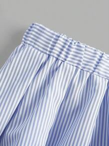 Comfortcana 大码蓝色条纹撞色蕾丝 A 字形休闲日常百褶裙，夏季 - 藍白色 - 查看 6