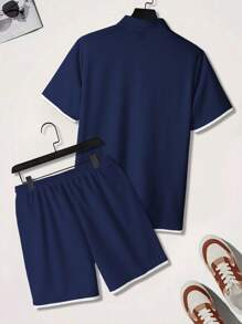 Manfinity Homme Men's 2-In-1 POLO Shirt And Drawstring Waist Shorts Set Men 2 Pieces Outfits Short Set