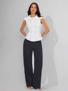 Roylia Áo cánh dệt chấm bi bo gấu nhún bèo eo cho nữ, áo sơ mi đi làm thường ngày phù hợp để đi học, mặc hàng ngày, cuộc sống đô thị - Đen và trắng - Xem 5