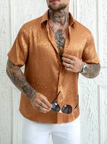 Manfinity AFTRDRK Men's Short Sleeve Jacquard Dress Shirt, Silk-Like Texture Men Cheetah Shirt Men S Cheetah Shirt Apricot Shirt For Men Men S Apricot Shirt Animal Print Men Shirt