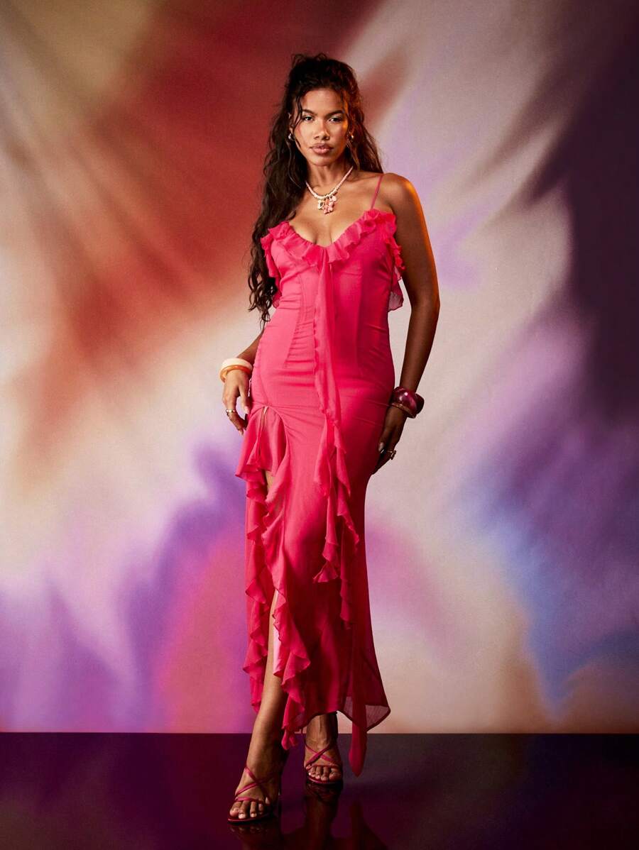 MISSGUIDED 优雅荷叶边雪纺晚礼服中长款特殊场合派对婚礼宾客庆典无袖飘逸长裙