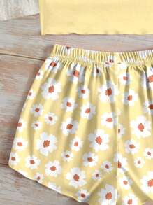 SHEIN Leap Crew 青少年女孩休闲简约修身吊带短款上衣和短裤睡衣套装，夏季 - 彩色 - 查看 4