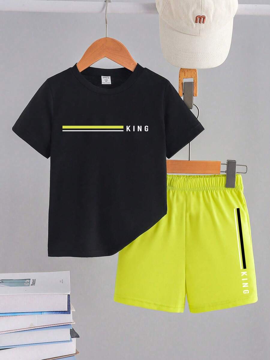 2pcs/Set Tween Boy Casual Letter Pattern Contrast Color Round Neck Short Sleeve T-Shirt And Shorts Set, Suitable For Commuting, School, Daily Casual Wear, Sports, Spring/Summer - Black - View 1